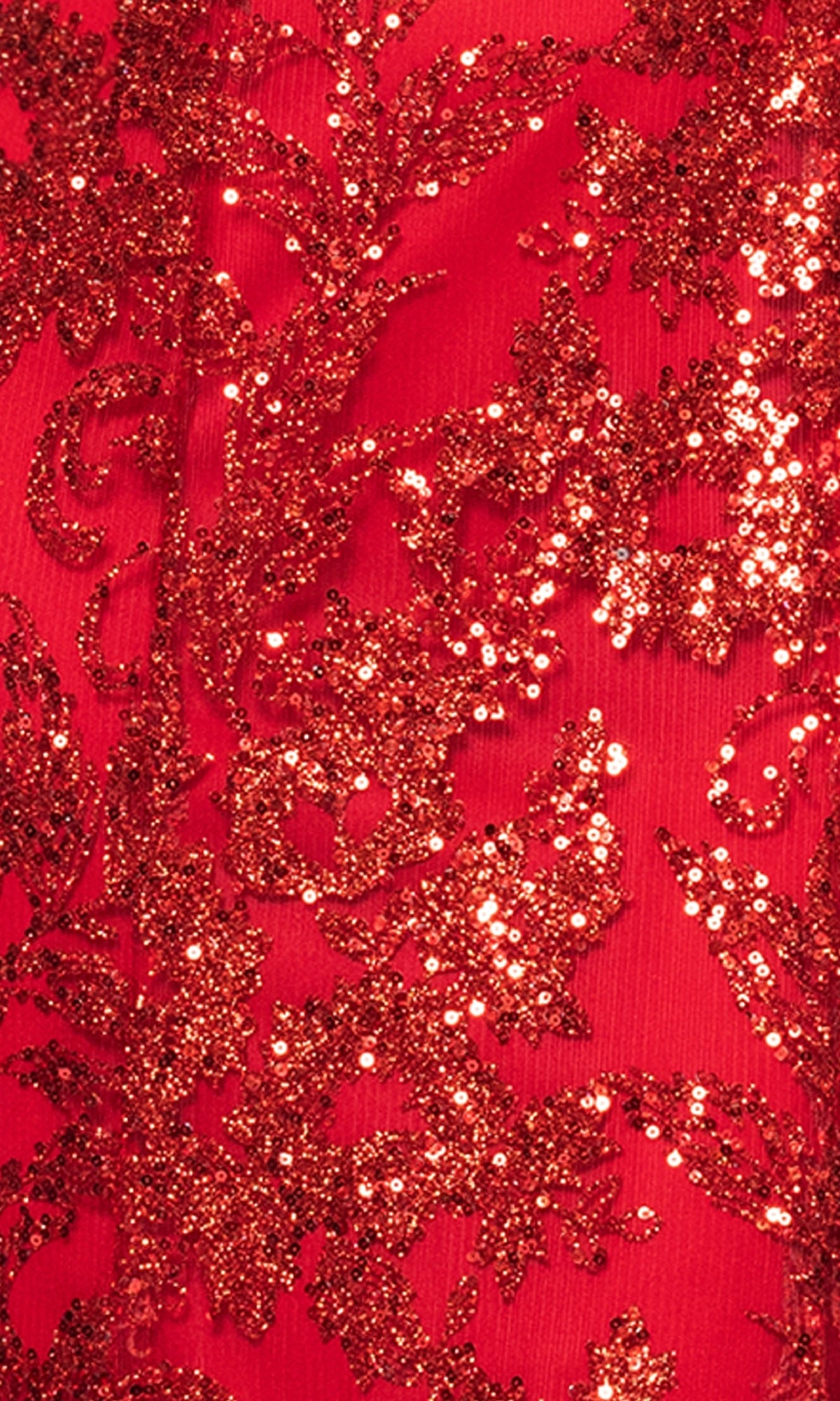 Close-up of red fabric with intricate sequin embroidery in a floral pattern, featured on the Blondie Nites 4501BN Long Sequin-Print Prom Dress.